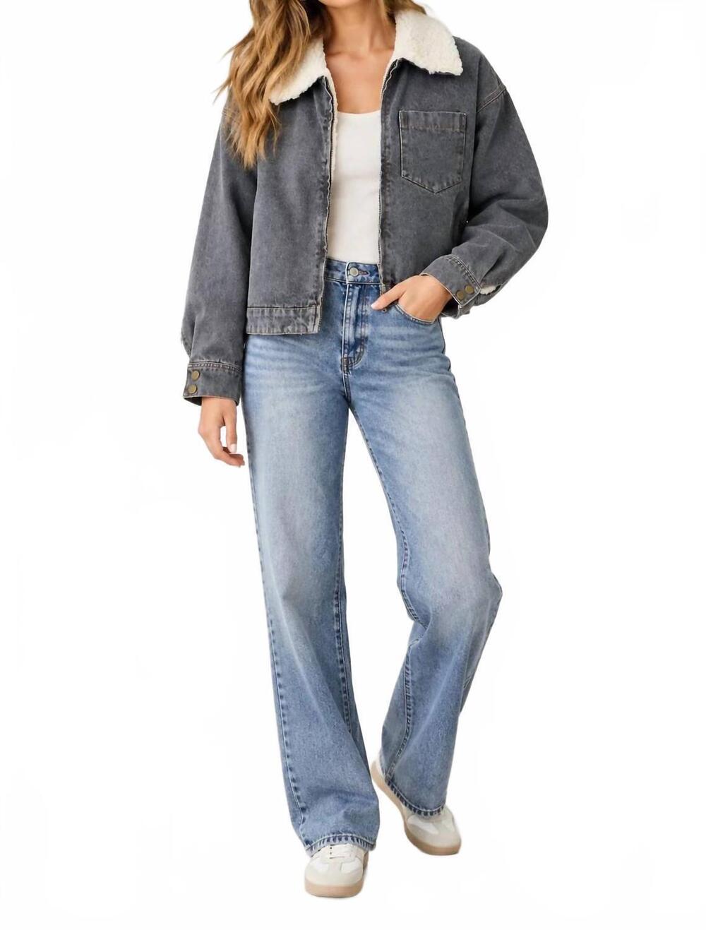 NEW MYSTREE faux fur collar denim blouson jacket in gray